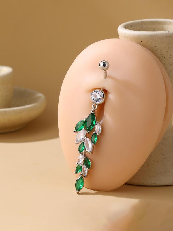 Rhinestone Decorated Leaf Shaped Belly Button Ring, Women's Fashion Body Jewelry for Party, Daily Clothing Decor, Trendy All-match & Exquisite Jewelry for Birthday Gift