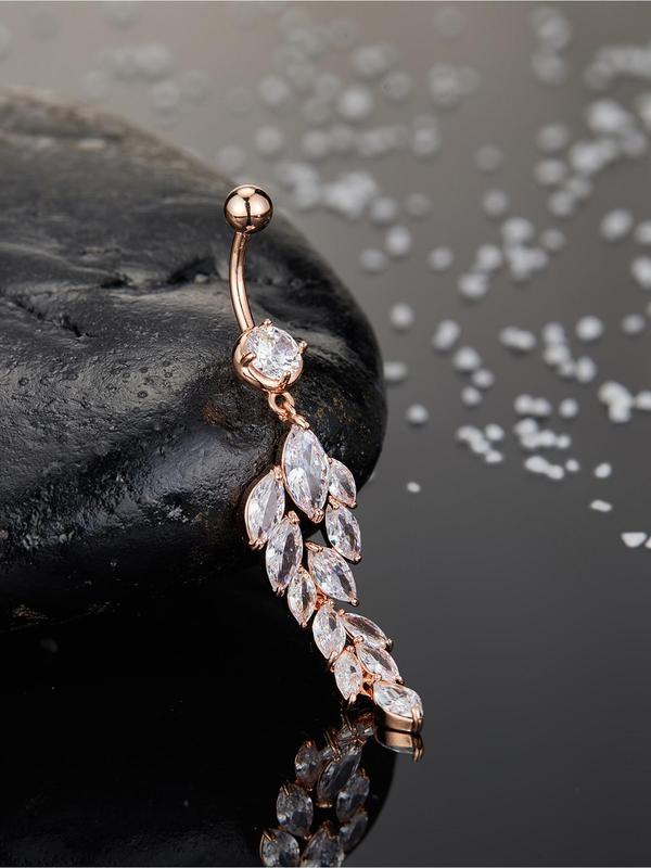 Rhinestone Decorated Leaf Shaped Belly Button Ring, Women's Fashion Body Jewelry for Party, Daily Clothing Decor, Trendy All-match & Exquisite Jewelry for Birthday Gift