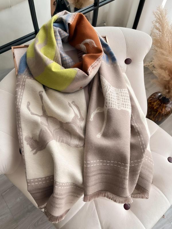 Boho Style Colorful Horse & Plaid Pattern Shawl, Casual Soft Warm Long Scarf for Fall & Winter, Fashion Accessories for Women & Men