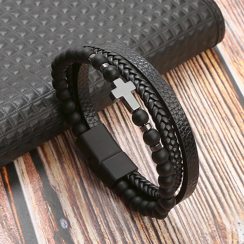 Men's Cross Leather Braided Bracelet Natural Stone Bracelet Cross Bangle Multilayer Braided Wristband Boho Style Magnetic Closure for Daily Use Christmas Gift for him