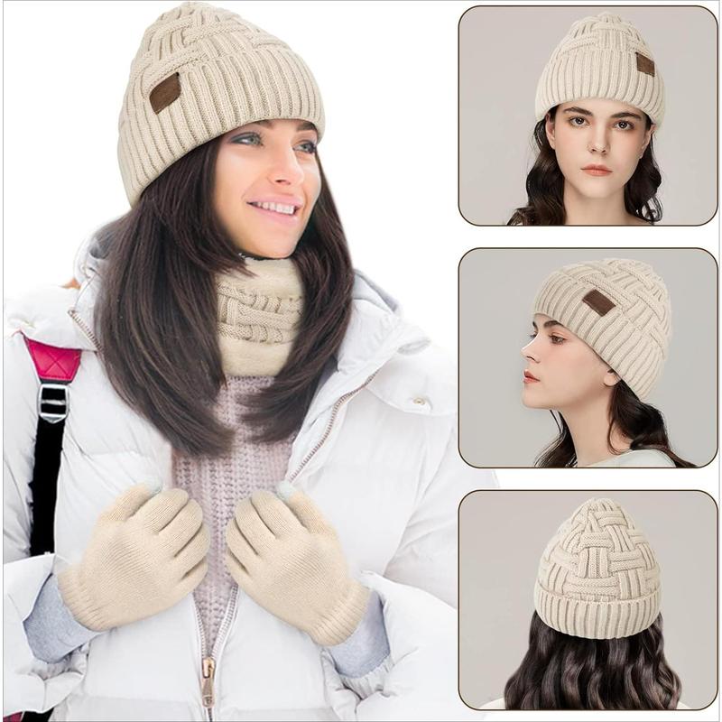 3-Pieces Winter Hat Neck Warmer Touchscreen Gloves Set Knit Thick Scarf Beanie Hat Scarves Set Gifts for Women