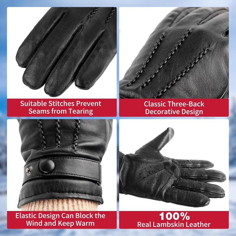 Winter Sheepskin Leather Gloves for Men, Warm Cashmere Lined Black Leather Gloves, Touchscreen  Gloves