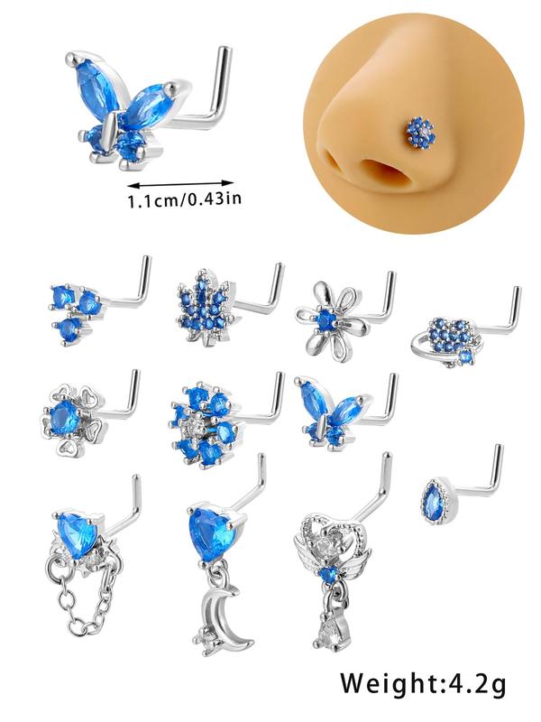 Women's Elegant Rhinestone Decorated Nose Studs, Exquisite Flowers & Heart & Butterfly Design Trendy Nose Studs, Fashionable Body Jewelry for Women & Girls