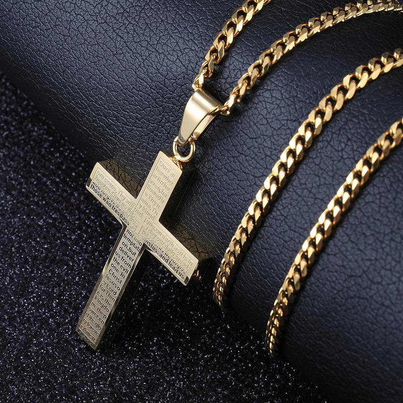 Hermah Mens Boys Cross Pendant Necklace Gold Color Silver Black Tone 3mm Cuban Chain 18-24inch Christ Necklace Jewelry