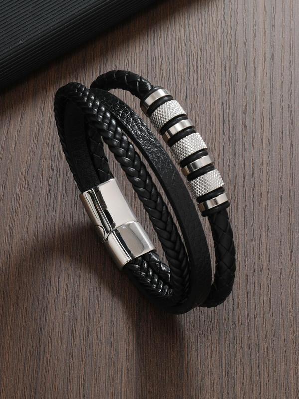 Men's Fashion Multi-layer Braided Pu Leather Bracelet, Fashion Jewelry for Party, Daily Clothing Decor, Trendy All-match & Exquisite Jewelry for Birthday Gift