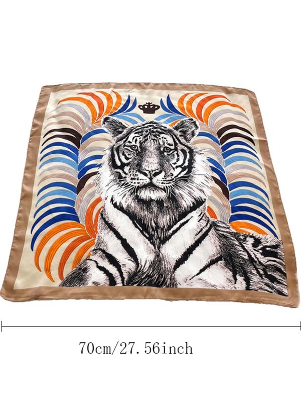 Tiger & Plants Print Square Scarf, Fashionable Soft Comfortable Shawl for Women & Girls, Casual Versatile Scarf for Daily Wear