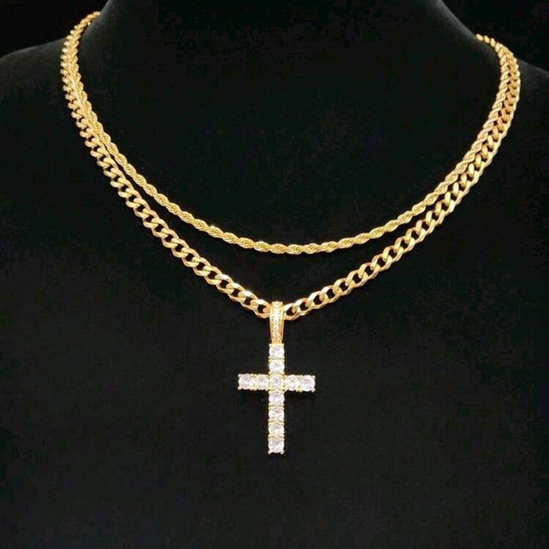 New Trending Hip Hop Twist Chain Necklace & Rehinestone Cross Pendant for Men and Women - Stainless Steel Jewelry