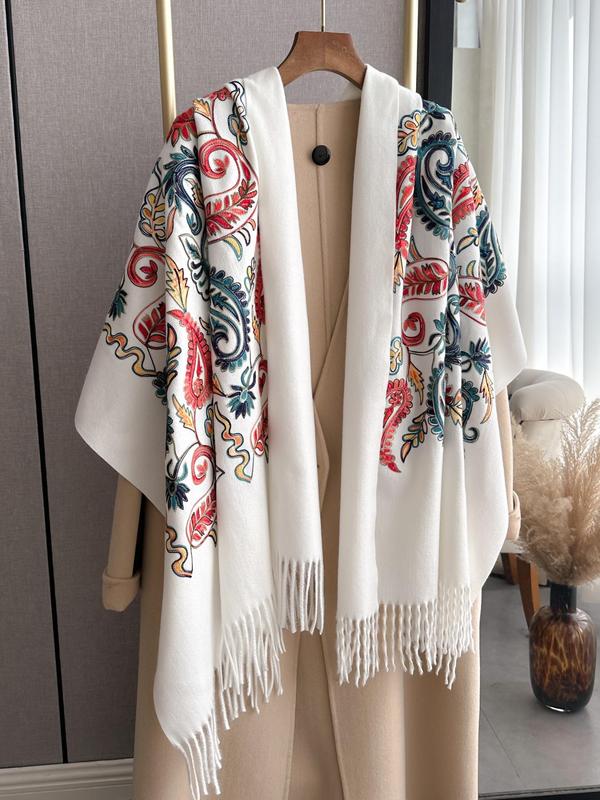 Women's Boho Style Paisley Embroidered Tassel Decor Shawl, Vintage Warm Long Scarf for Fall & Winter, Fashion Accessories for Women & Girls