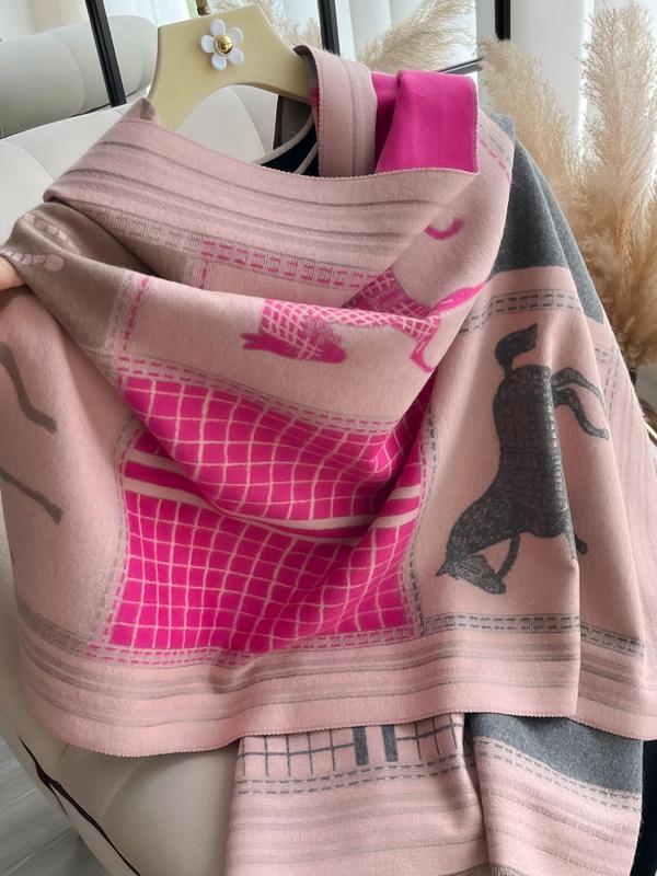 Boho Style Colorful Horse & Plaid Pattern Shawl, Casual Soft Warm Long Scarf for Fall & Winter, Fashion Accessories for Women & Men