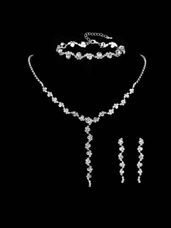 Women's Elegant Rhinestone Decorated Necklace & Bracelet & Earrings, Exquisite Trendy Jewelry Set, Fashionable Accessories for Party & Daily Clothing Decor