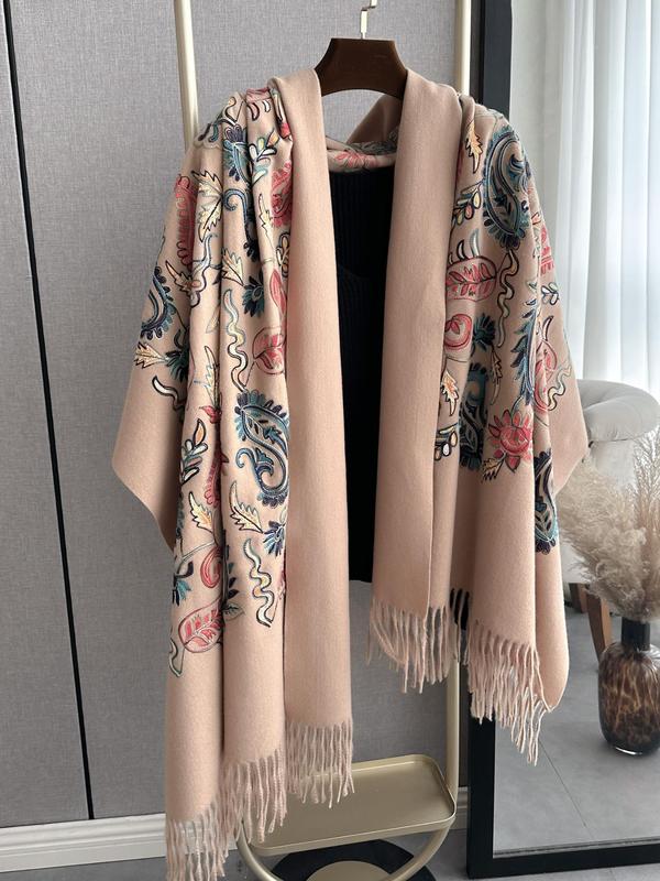 Women's Boho Style Paisley Embroidered Tassel Decor Shawl, Vintage Warm Long Scarf for Fall & Winter, Fashion Accessories for Women & Girls