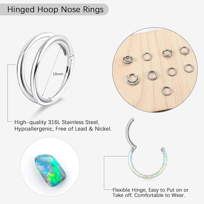 Besteel 9 Pcs Hypoallergenic Septum Rings 16G Surgical Steel CZ Opal Clicker Hinged Nose Rings Hoop for Women Men Lip Conch Tragus Helix Daith Cartilage Earrings 8mm 10mm