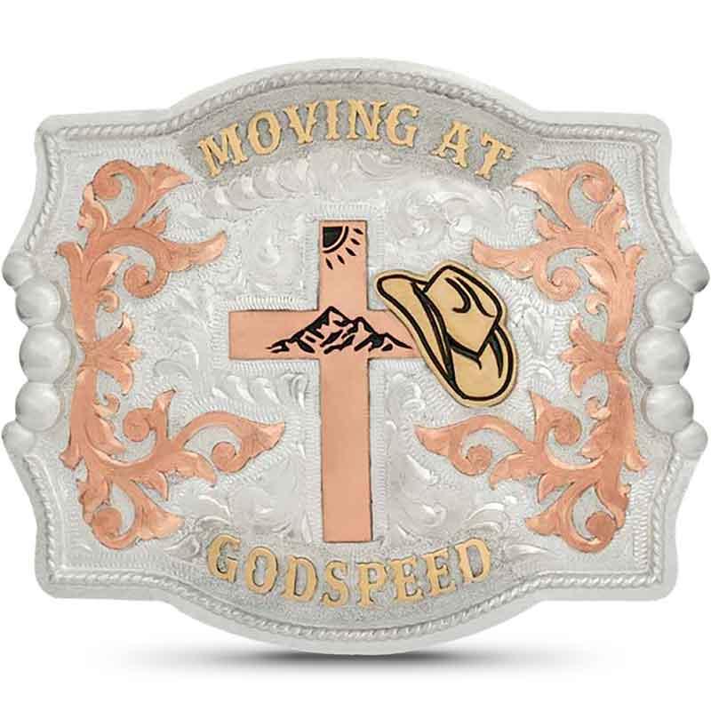 Cross Belt Buckle | Hand Engraved German Silver, Jeweler Bronze Lettering & Hat, Copper Scrolling & Cross, Beaded Detail, Antique Finish, Western Style