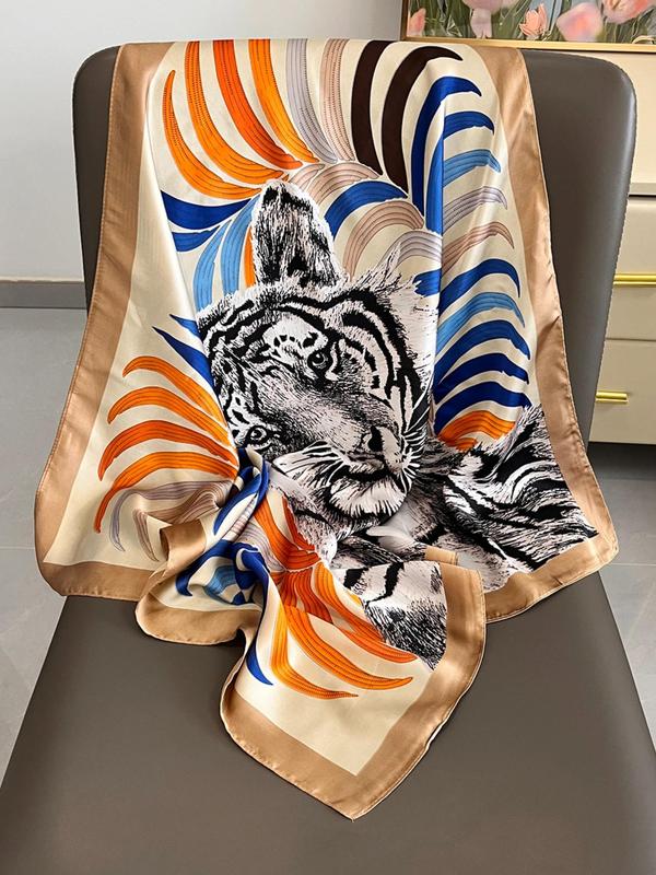 Tiger & Plants Print Square Scarf, Fashionable Soft Comfortable Shawl for Women & Girls, Casual Versatile Scarf for Daily Wear