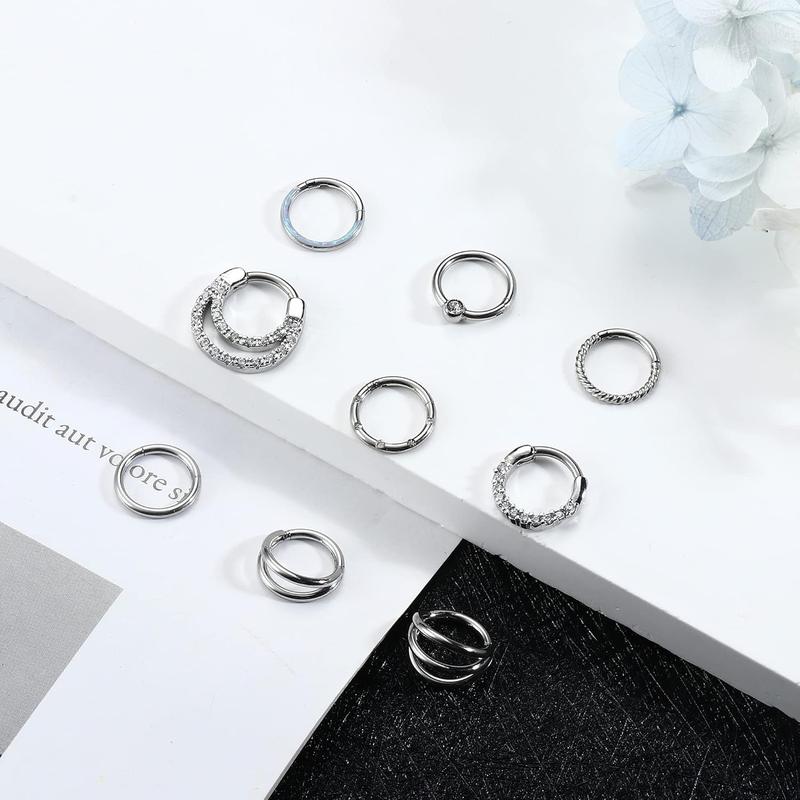 Besteel 9 Pcs Hypoallergenic Septum Rings 16G Surgical Steel CZ Opal Clicker Hinged Nose Rings Hoop for Women Men Lip Conch Tragus Helix Daith Cartilage Earrings 8mm 10mm