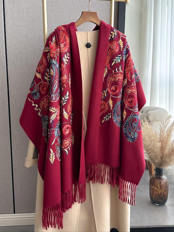 Women's Boho Style Paisley Embroidered Tassel Decor Shawl, Vintage Warm Long Scarf for Fall & Winter, Fashion Accessories for Women & Girls