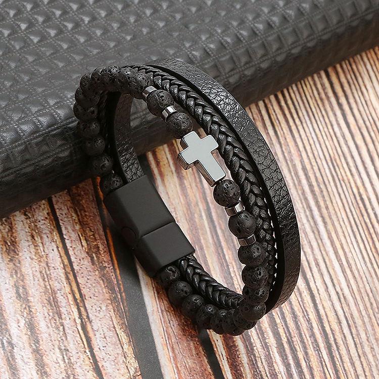 Men's Cross Leather Braided Bracelet Natural Stone Bracelet Cross Bangle Multilayer Braided Wristband Boho Style Magnetic Closure for Daily Use Christmas Gift for him