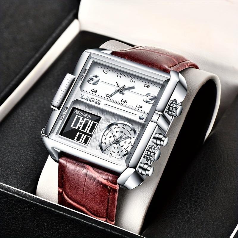 LIGE Casual PU Leather Men's Watch, Quartz Watch For Men, Multifunctional Electronic Digital Watch, Ideal choice for Gifts