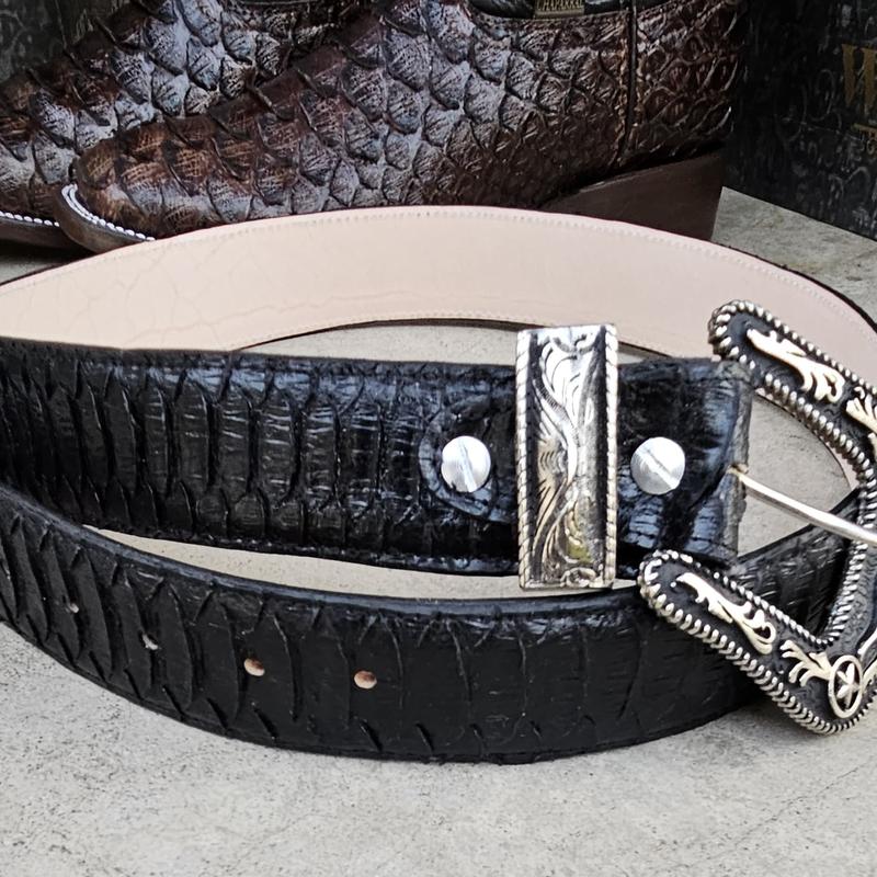 Men's Black Imitation Python Leather Gold Looped Belt