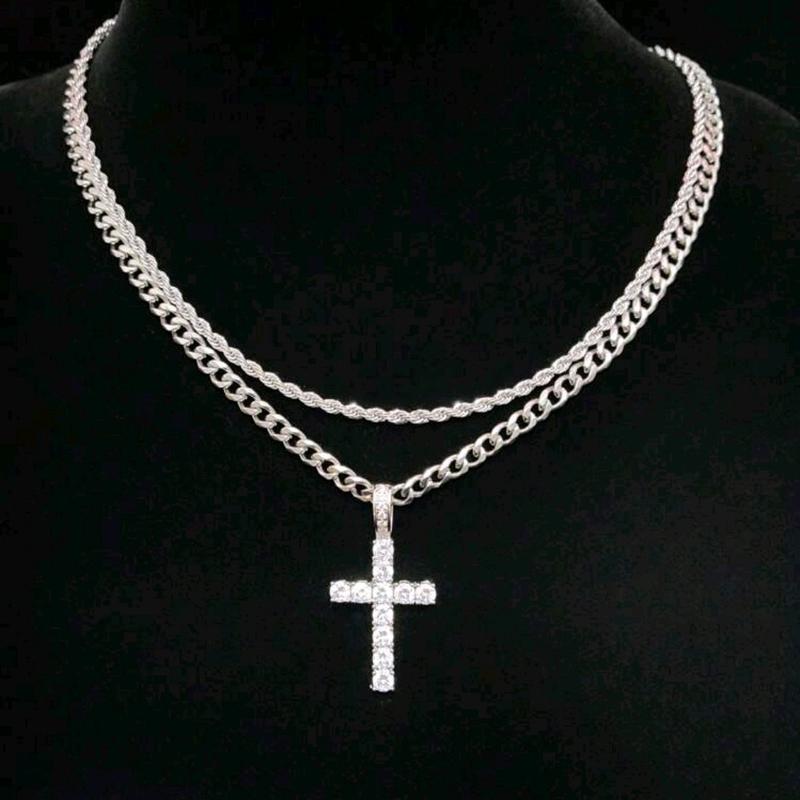 New Trending Hip Hop Twist Chain Necklace & Rehinestone Cross Pendant for Men and Women - Stainless Steel Jewelry