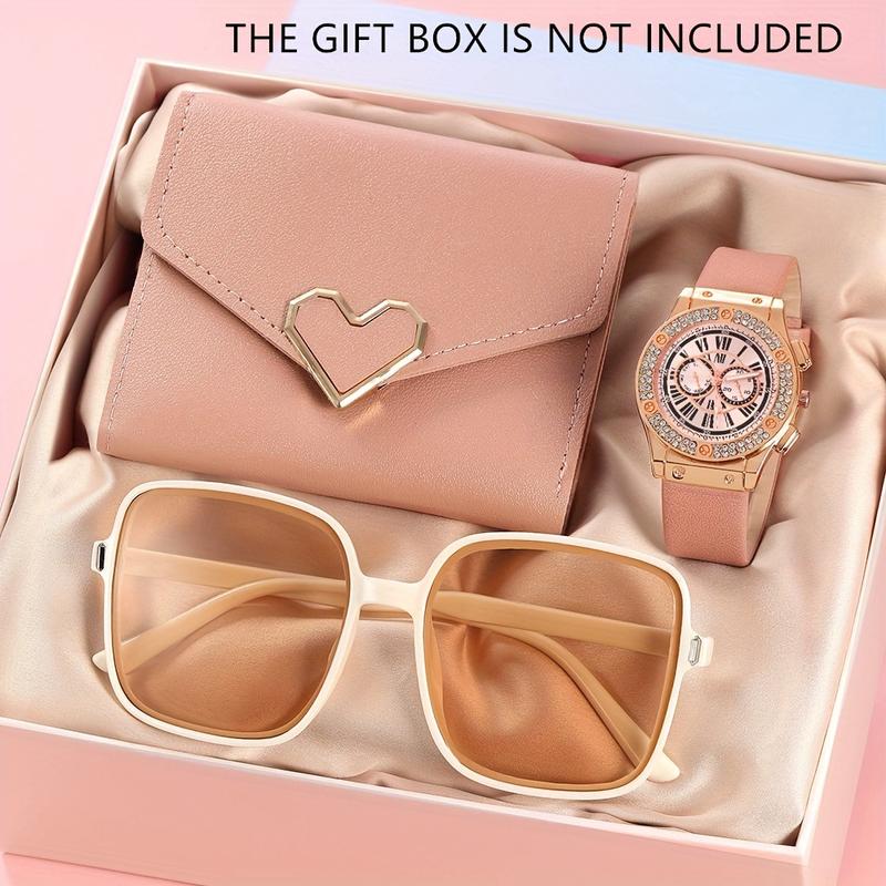 Chic 3PCs women's fashion watch set with quartz movement, faux leather strap & Heart Wallet-includes fashion glasses