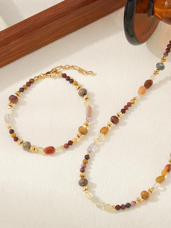 Women's Elegant Mixed Color Stone Decorated Necklace & Bracelet, Exquisite Trendy Jewelry Set, Fashionable Accessories for Daily & Party Decoration