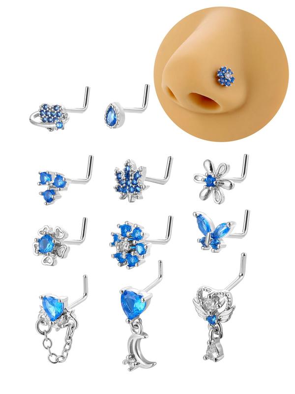 Women's Elegant Rhinestone Decorated Nose Studs, Exquisite Flowers & Heart & Butterfly Design Trendy Nose Studs, Fashionable Body Jewelry for Women & Girls