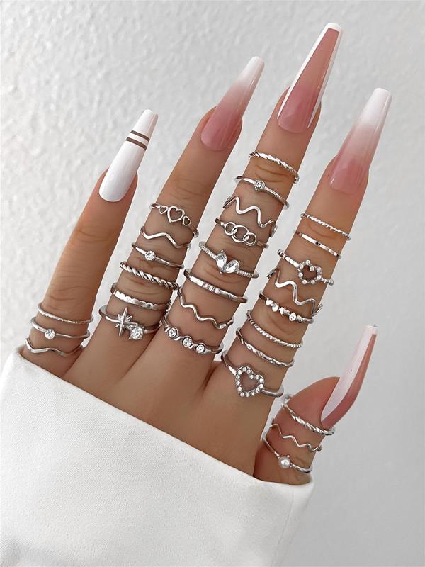 28pcs set Women's Elegant Fashion Rhinestone Decorated Geometric Design Ring Back To School, Casual Trendy Hollow Out Heart Design Ring, Fashion Accessories, Fall Outfits, Fall Freshness,  Fall Sets