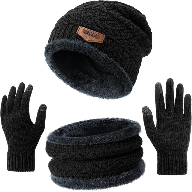 Winter Hat Beanie Scarf Touchscreen Gloves Set for Men Women, Skull Cap Gloves Neck Warmer Set with Fleece Lined