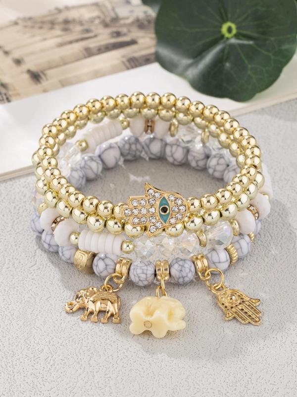 4pcs set Boho Style Colorblock Beaded Bracelet, Eye Detail Palm & Elephant Charm Stackable Beaded Bracelet, Fashion Matching Jewelry for Women & Men