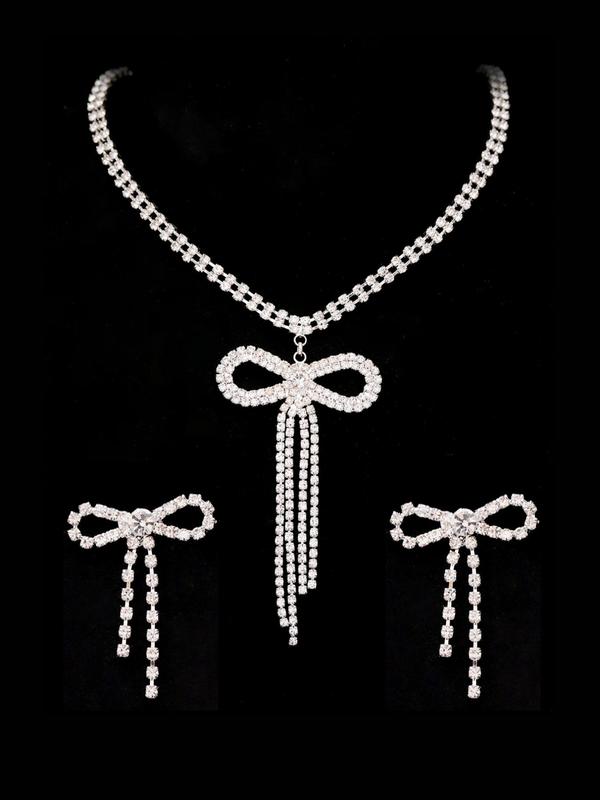 Women's Elegant Rhinestone Decorated Bowknot Design Necklace & Dangle Earrings, Exquisite Trendy Jewelry Set, Fashionable Accessories for Party & Daily Clothing Decor