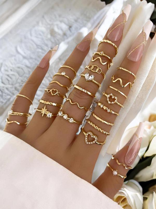 28pcs set Women's Elegant Fashion Rhinestone Decorated Geometric Design Ring Back To School, Casual Trendy Hollow Out Heart Design Ring, Fashion Accessories, Fall Outfits, Fall Freshness,  Fall Sets