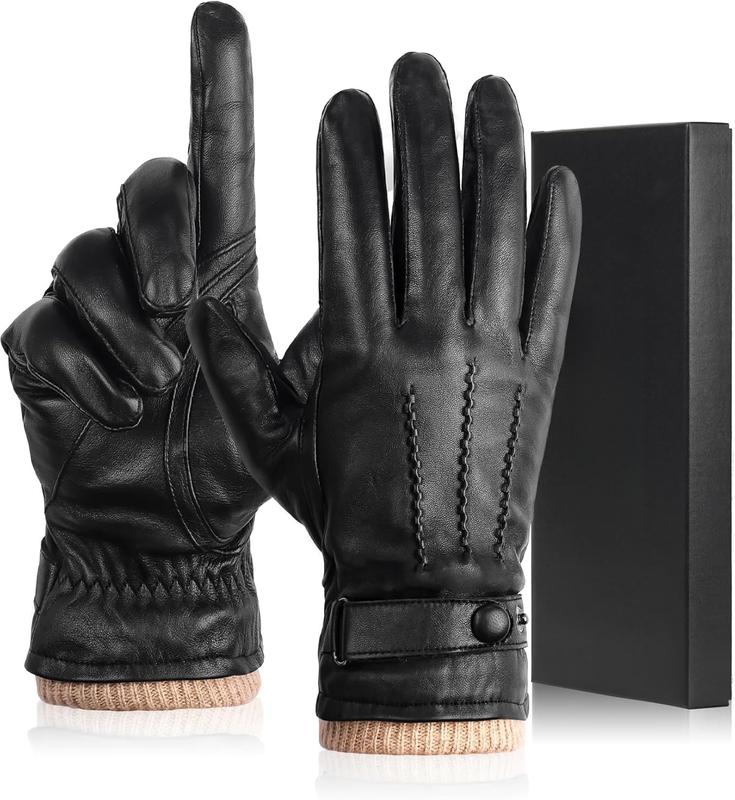 Winter Sheepskin Leather Gloves for Men, Warm Cashmere Lined Black Leather Gloves, Touchscreen  Gloves