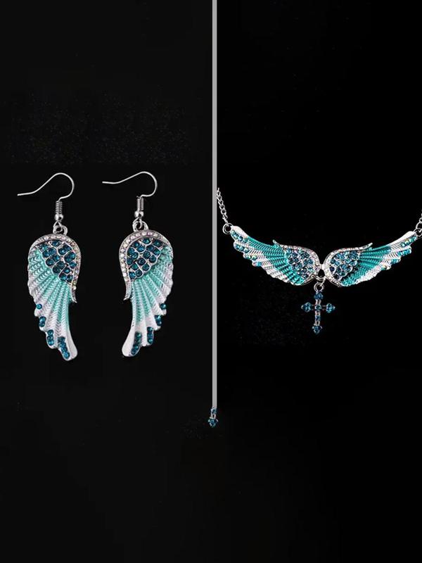 Women's Elegant Rhinestone Decorated Wing Design Jewelry Set, Including Necklace & Dangle Earrings, Trendy All-match & Exquisite Jewelry for Birthday Gift