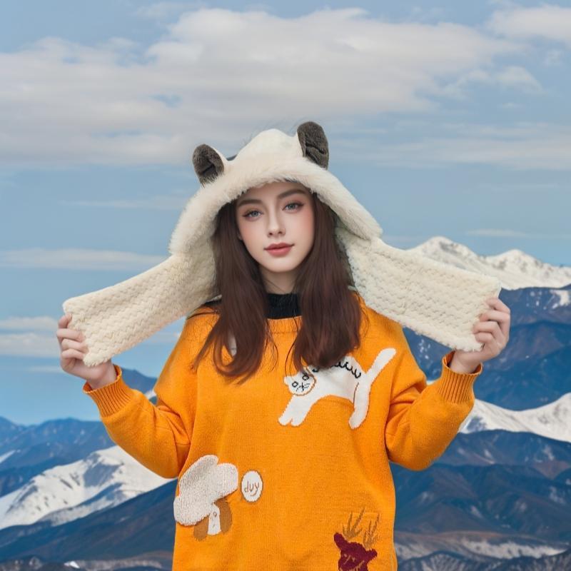 Women's Cute Cartoon Animal Ears Hooded Scarf, Winter Warm Plush Neck Warmer, Thick Windproof Snowproof Scarf, Outdoor Cycling Essential for Cold Weather