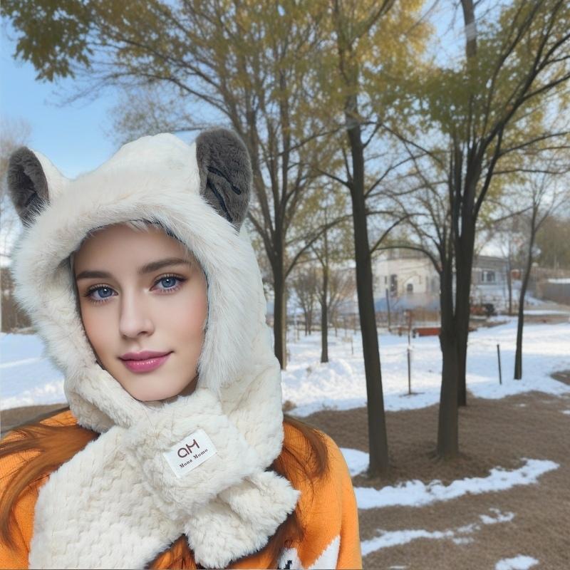 Women's Cute Cartoon Animal Ears Hooded Scarf, Winter Warm Plush Neck Warmer, Thick Windproof Snowproof Scarf, Outdoor Cycling Essential for Cold Weather