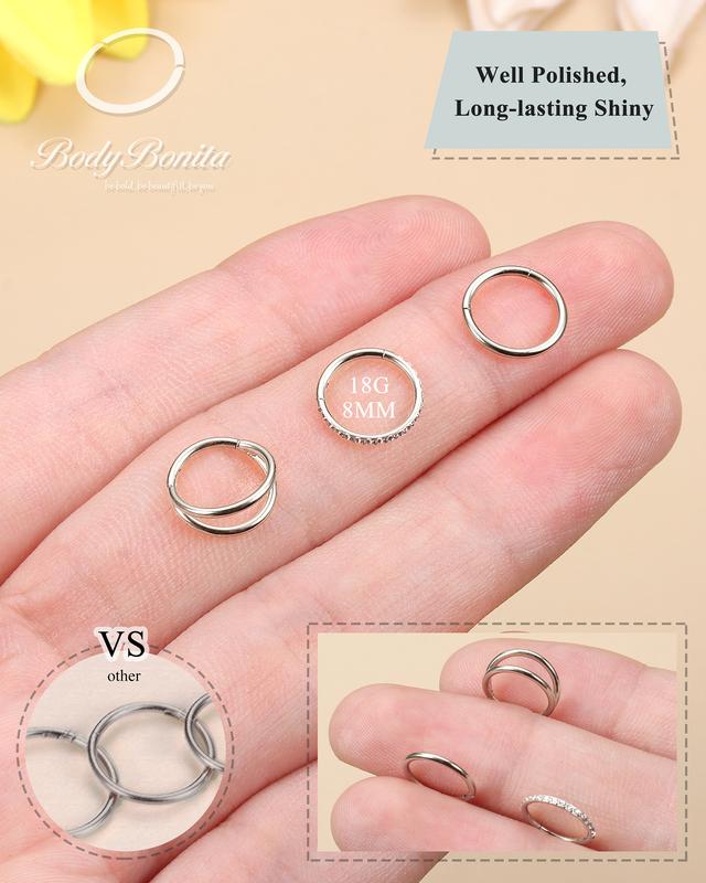 BodyBonita 3 Counts Nose Rings Hoops - 316L Surgical Steel Double Hoop Nose Rings 16G 18G 20G Hinged CZ Conch Piercing Jewelry Septum Clicker Lip Rings Cartilage Earring Helix Rook Tragus Daith 7mm 8mm 9mm 10mm