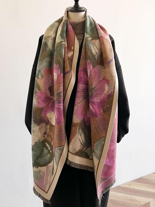 Boho Style Floral Pattern Tassel Decor Scarf, Casual Soft Warm Shawl for Fall & Winter, Fashion Accessories for Women & Men