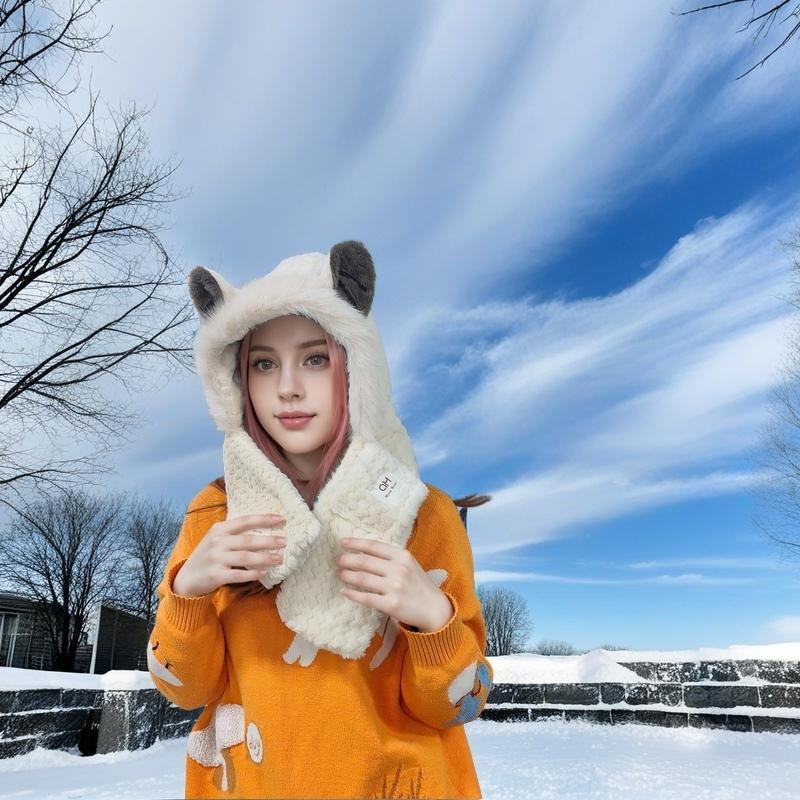 Women's Cute Cartoon Animal Ears Hooded Scarf, Winter Warm Plush Neck Warmer, Thick Windproof Snowproof Scarf, Outdoor Cycling Essential for Cold Weather