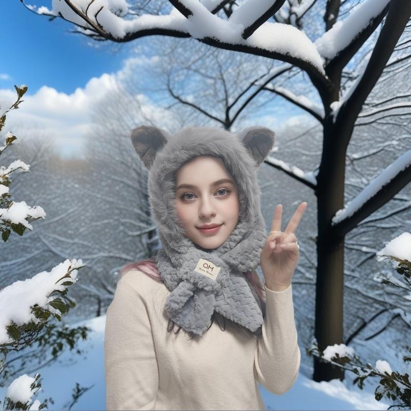 Women's Cute Cartoon Animal Ears Hooded Scarf, Winter Warm Plush Neck Warmer, Thick Windproof Snowproof Scarf, Outdoor Cycling Essential for Cold Weather