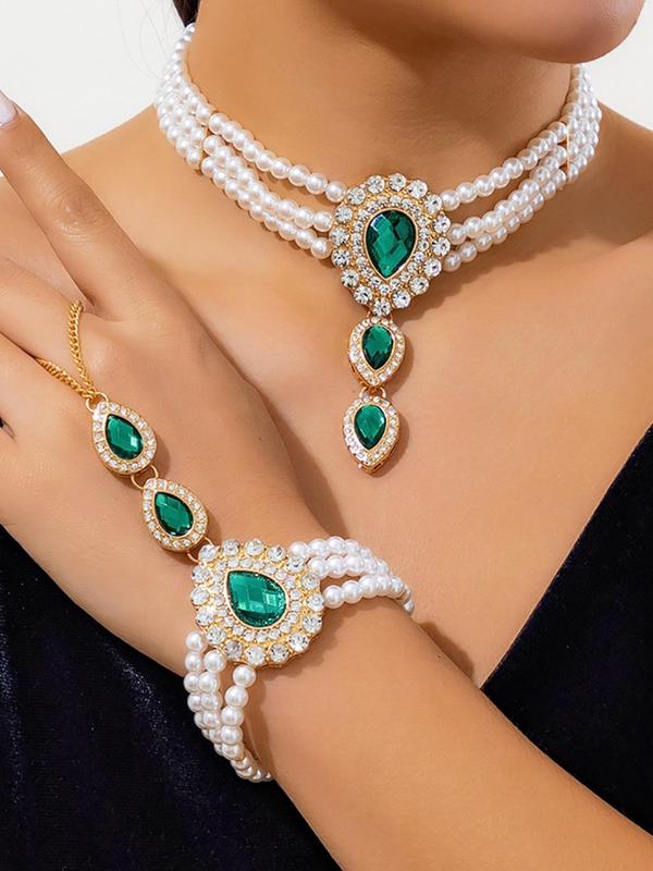 Women's Elegant Faux Pearl & Rhinestone Decorated Necklace & One Piece Bracelet, Exquisite Trendy Jewelry Set, Fashionable Accessories for Party & Daily Clothing Decor