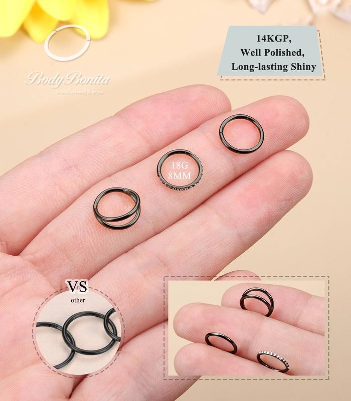 BodyBonita 3 Counts Nose Rings Hoops - 316L Surgical Steel Double Hoop Nose Rings 16G 18G 20G Hinged CZ Conch Piercing Jewelry Septum Clicker Lip Rings Cartilage Earring Helix Rook Tragus Daith 7mm 8mm 9mm 10mm