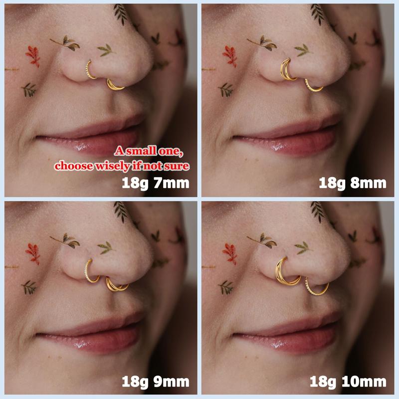 BodyBonita 3 Counts Nose Rings Hoops - 316L Surgical Steel Double Hoop Nose Rings 16G 18G 20G Hinged CZ Conch Piercing Jewelry Septum Clicker Lip Rings Cartilage Earring Helix Rook Tragus Daith 7mm 8mm 9mm 10mm