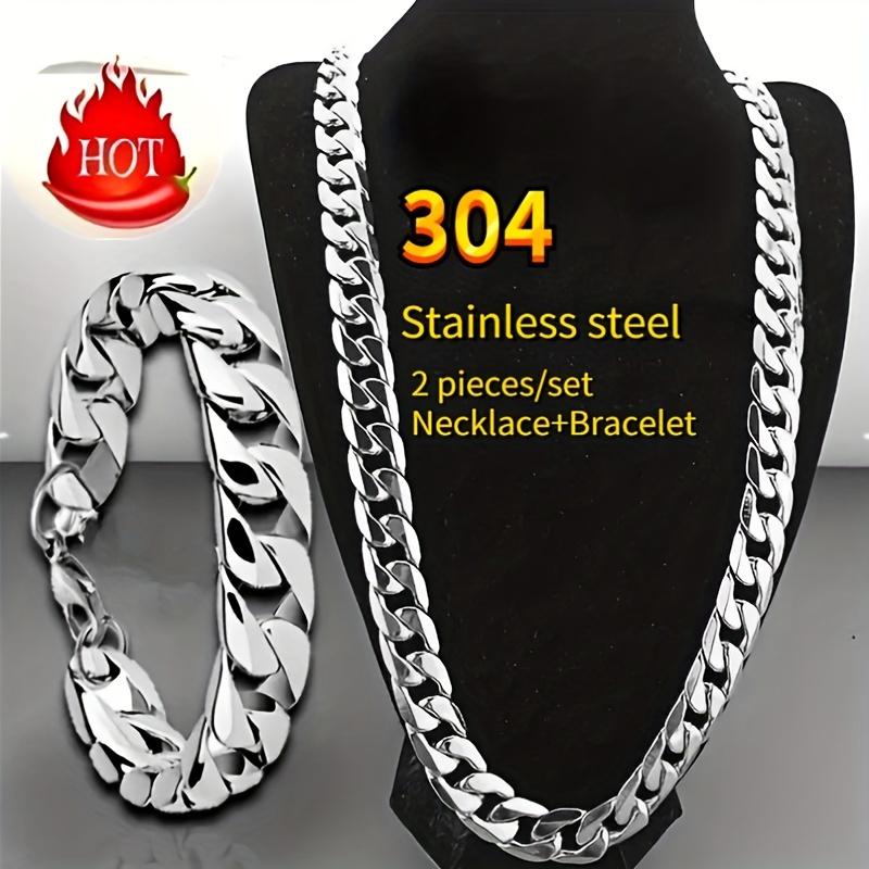 2 Pcs set Men and Women Necklace, Bracelet Set, Classic Fashion Y2g Stainless Steel Cuban Necklace, Domineering Hip Hop Punk Rock NK Chain for Men and Lovers