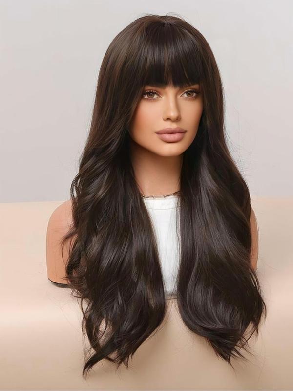 26 Inch Brown Long Curly Wigs For Women, Gorgeous Fluffy Wigs With Bangs, Synthetic Full Machine Wigs For Party, Daily Use