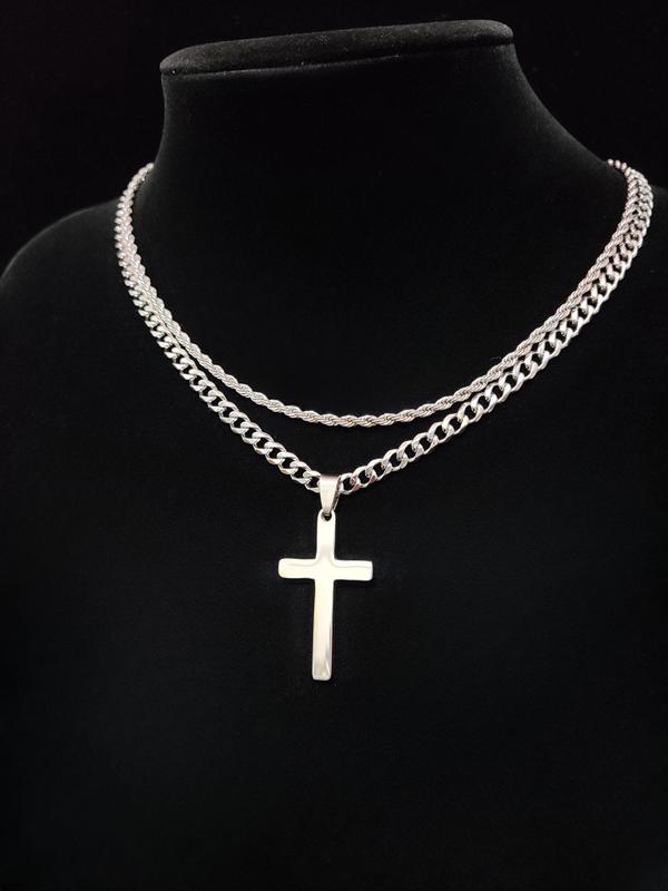 Cross Pendant & Cuban Chain Necklace Set for Men & Women, Stainless Steel Vintage Jewelry for Party, Daily Decor, Trendy All-match & Exquisite Jewelry for Birthday Gift, Fall Outfits, Fall Freshness, for Fall