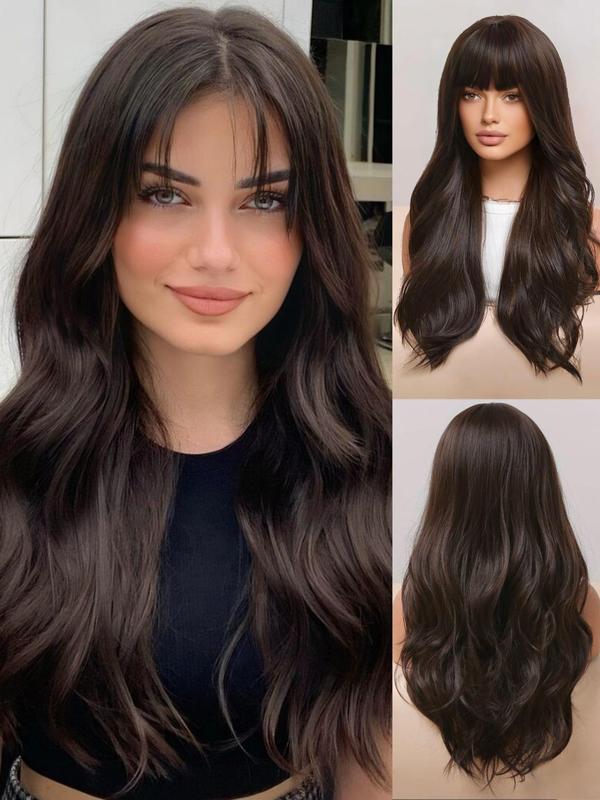 26 Inch Brown Long Curly Wigs For Women, Gorgeous Fluffy Wigs With Bangs, Synthetic Full Machine Wigs For Party, Daily Use