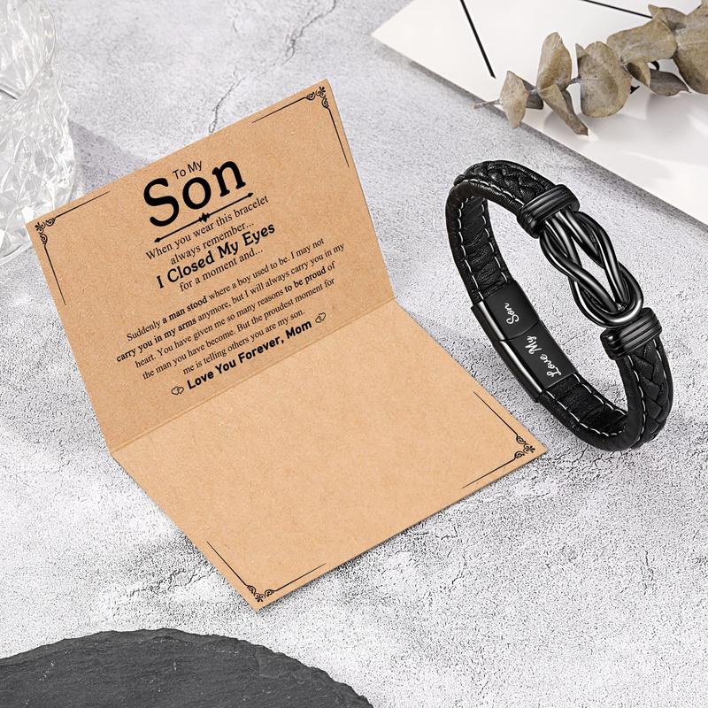 To My Son Grandson Nephew Man Boyfriend Brother Men Leather Bracelet for Birthday Valentine's Day Christmas Gifts