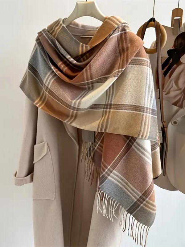 Vintage Plaid Pattern Tassel Decor Scarf, Elegant Thickened Shawl for Women & Men, Fashion Accessories for Fall & Winter