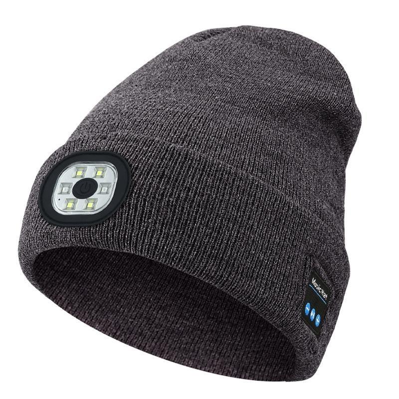 Bluetooth knitted hat with LED headlamp and detachable speaker, USB rechargeable woven warm winter hat, birthday gift.